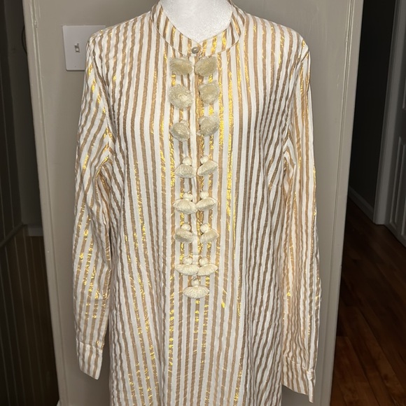 FIGUE Paolina Metallic Stripe Tassel-Trimmed Cotton Blend Caftan Dress One Size - Picture 6 of 11